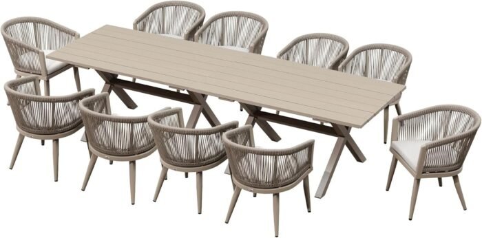 PURPLE LEAF Outdoor Dining Set for 10 All-Weather 12 Pieces Patio Aluminium Dining Large Table and Rope Weave Chairs Included Cushions for Backyard Deck Kitchen Modern Patio Furniture Set Champagne