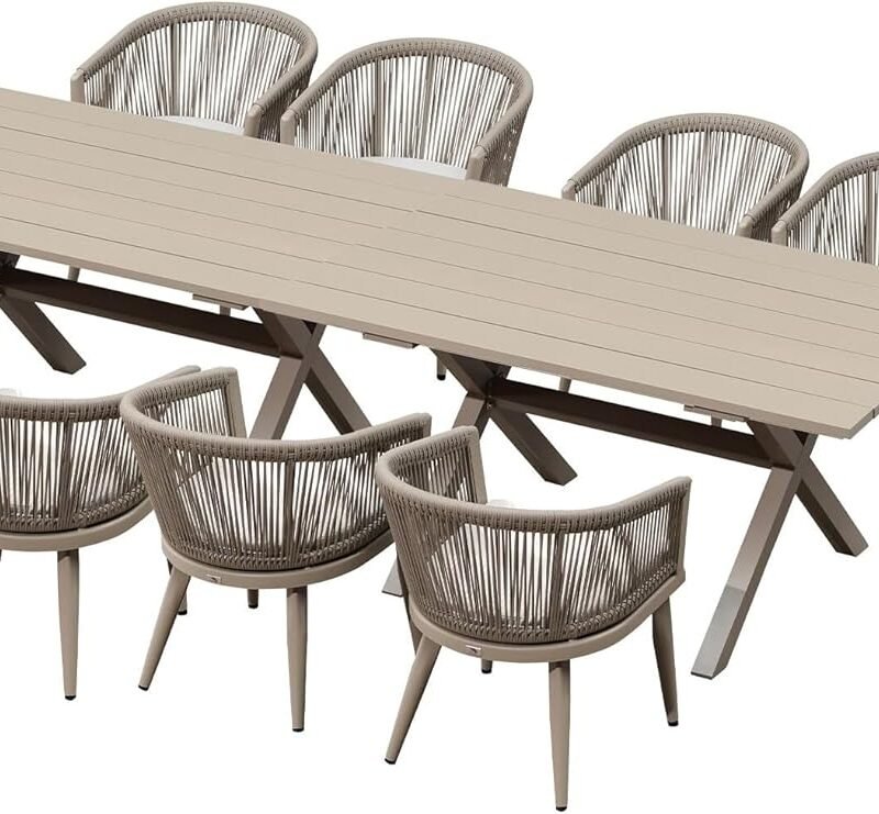 PURPLE LEAF Outdoor Dining Set for 10 All-Weather 12 Pieces Patio Aluminium Dining Large Table and Rope Weave Chairs Included Cushions for Backyard Deck Kitchen Modern Patio Furniture Set Champagne