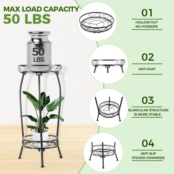 Plant Stand Indoor Outdoor 2 Tier 27" Tall Metal Potted Holder Rack Flower Pot Stand Heavy Duty Plant Shelf Rustproof Iron Multiple Plant Round Supports Rack for Planter Corner Garden Balcony Patio - Image 3