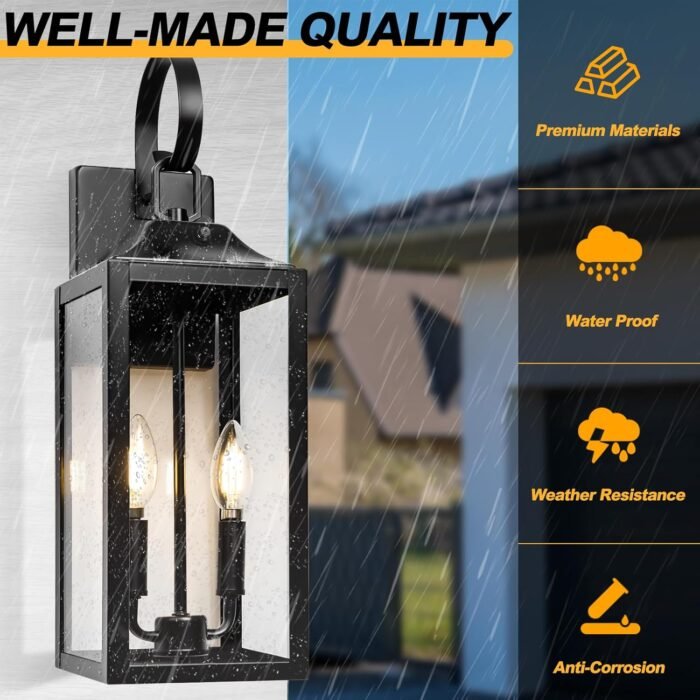 Black Dusk to Dawn Outdoor Wall Lantern 2-Light, 19" Large Outside Modern Wall Sconce Light Fixture, Industrial Porch Light Wall Mount with Glass, Waterproof Farmhouse Exterior Lamp Lighting, 2 Pack - Image 4