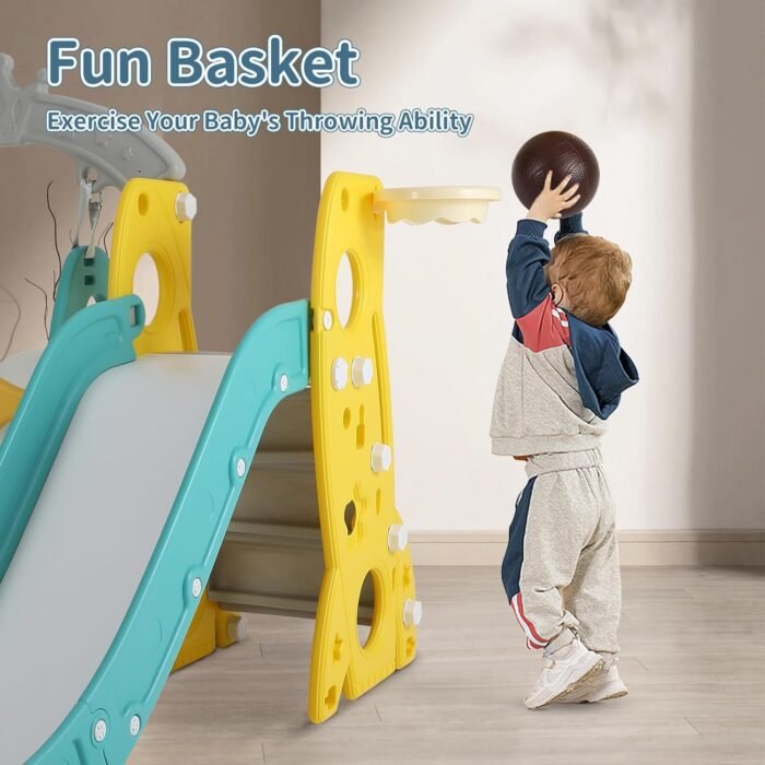 4 in 1 Toddler Swing and Slide Set for Age 1-12 Indoor Playground for Children Baby Swing Set with Slide, Climber, Basketball Hoop and Long Slide for Boys and Girls - Image 4