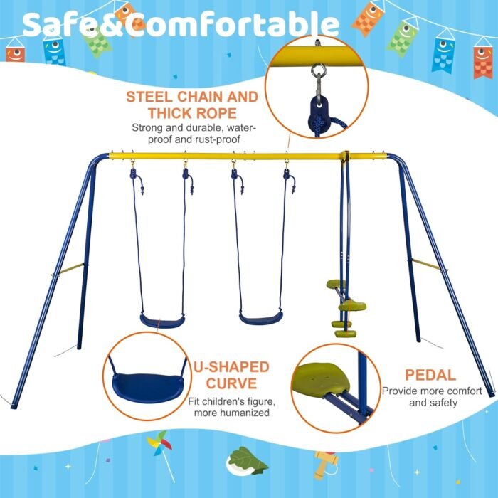 HLC Metal Kids Garden Swing Set with Glider for Toddler Heavy-Duty A-Frame with 2 Seats and 1 Swing Glider for Outdoor Backyard, Ages 3-10, Hold up to 440lbs - Image 4