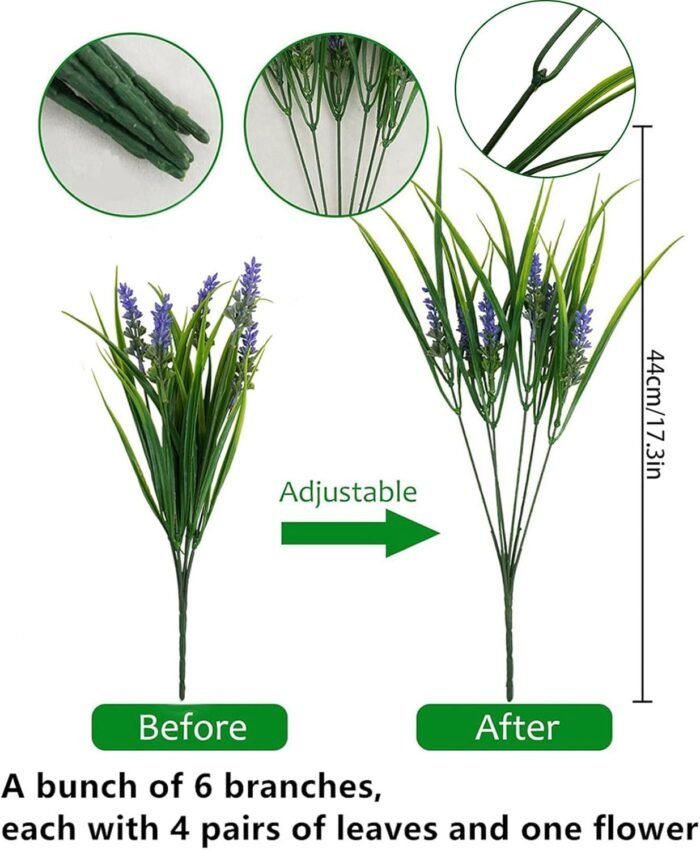 12 Bundles Artificial Grass Fake Plants，Outdoor Fake Monkey Tail Grass with Flowers for Pot UV Resistant Lavender Patio Garden Porch Home Window Hanging Planter Decor Faux Plastic Shrubs(Puper+Green) - Image 3