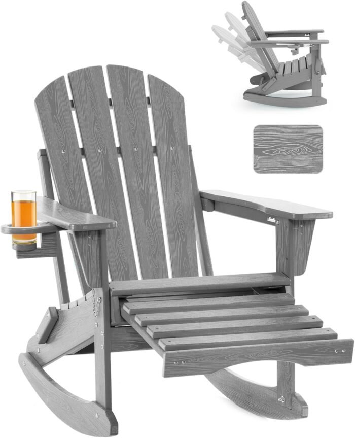 Adjustable Adirondack Rocking Chair with Retractable Ottoman, 4-in-1 Multifunctional Folding Patio Chair with Cup Holder, Outdoor Chair Wood Texture for Lawn, Porch, Backyard, Pool(Grey)