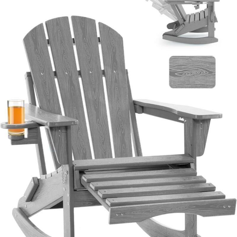 Adjustable Adirondack Rocking Chair with Retractable Ottoman, 4-in-1 Multifunctional Folding Patio Chair with Cup Holder, Outdoor Chair Wood Texture for Lawn, Porch, Backyard, Pool(Grey)