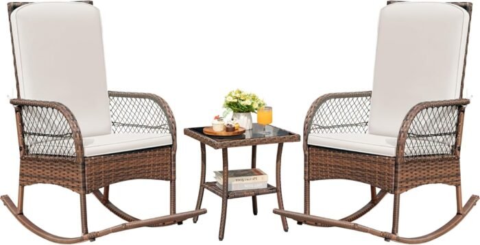 Devoko Outdoor Rocking Chairs 3 Piece Patio Furniture Set with Side Table & Cushions, Wicker Porch Rocker Bistro Set High Back for Balcony, Backyard, Garden (Beige)