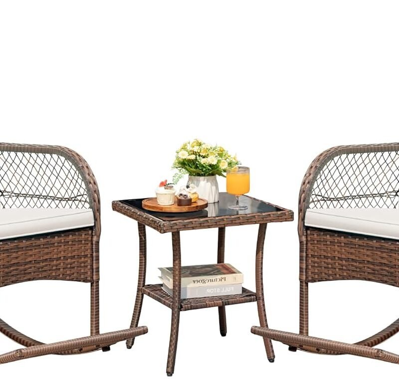 Devoko Outdoor Rocking Chairs 3 Piece Patio Furniture Set with Side Table & Cushions, Wicker Porch Rocker Bistro Set High Back for Balcony, Backyard, Garden (Beige)
