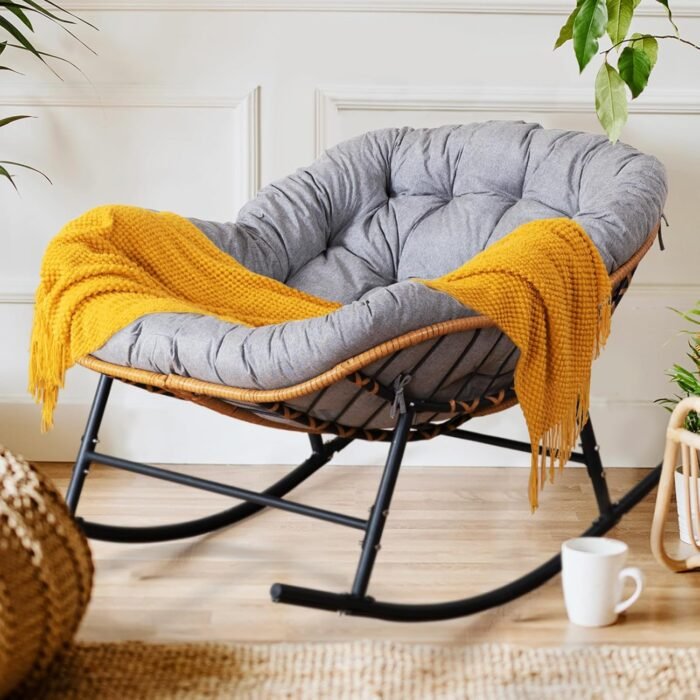 Oversized Patio Rocking Chair, Papasan Rocking Chair Indoor Outdoor Use, Lounge Chair with Cushion, Egg Rocker Chairs, Comfy Reading Chairs for Bedroom, Living Room, Garden, Lawn, Grey