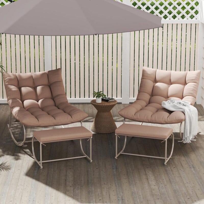 Rocking Chair Outdoor Set of 2, Extra Wide Outdoor Chair with Cushion, Patio Rocking Chairs with Ottoman, Outdoor Papasan Rocking Chairs for Porch, Garden, Lawn, Khaki