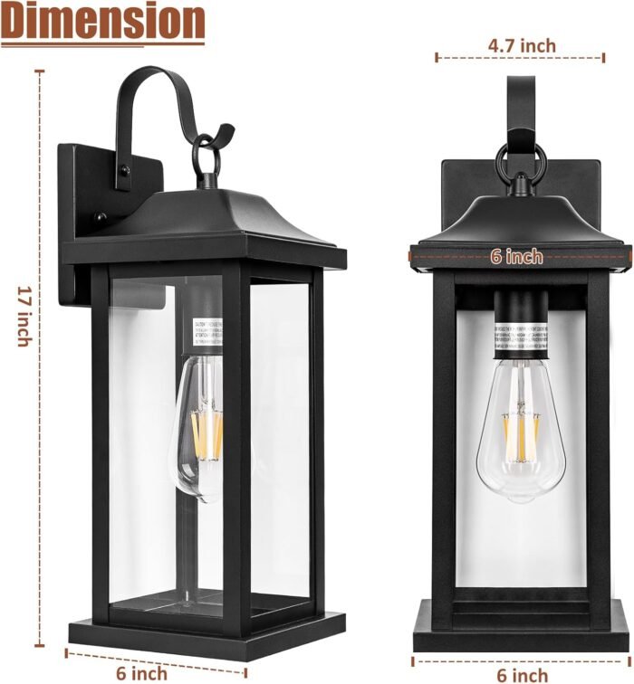 2-Pack 17 Inch Large Outdoor Light Fixtures, Exterior Matte Black Wall Sconces IP65 Waterproof Anti-Rust, Porch Lights with Clear Glass Outside Modern Wall Lanterns E26 Bulb Base - Image 6