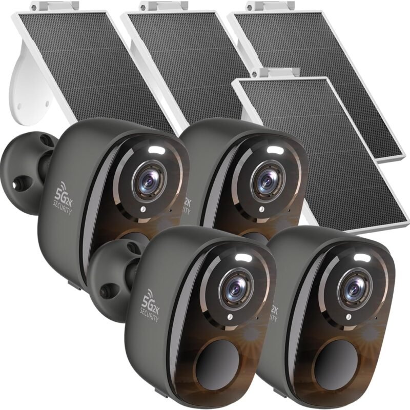 4pcs Solar Security Cameras Wireless Outdoor, 5G/2.4G WiFi Cameras with Solar Panel,2K Camera for Home Security with AI Detection, Siren,Color Night Vision, 2-Way Talk, IP65, Works/Alexa, Cloud/SD