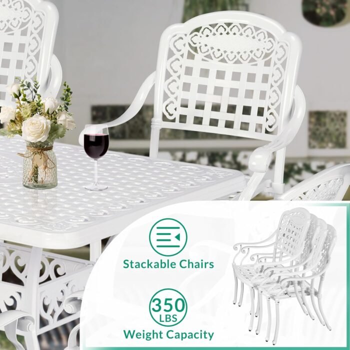 VIVIJASON 7-Piece Patio Furniture Dining Set, All-Weather Cast Aluminum Outdoor Conversation Set, Include 6 Chairs and a Rectangle Table with Umbrella Hole for Balcony Lawn Garden Backyard, White - Image 5