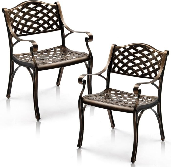 VINGLI Outdoor Dining Chairs Set of 2, Cast Aluminum Patio Chairs, All-Weather Aluminum Outdoor Chairs Patio Furniture for Porch, Bistro, Backyard and Balcony Bronze - Image 7