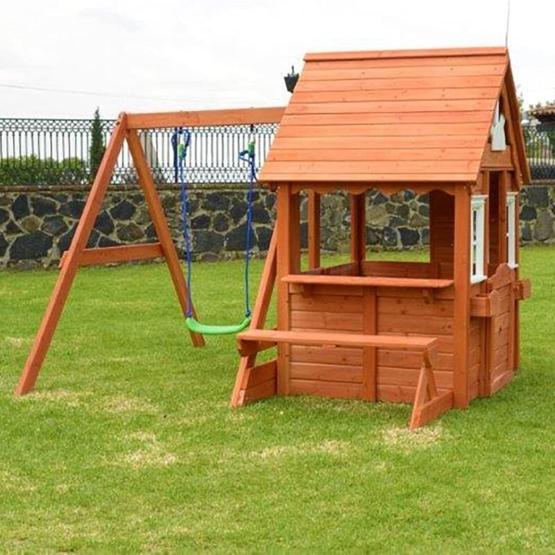 Sportspower Swing n' Play Wooden Outdoor Backyard Playhouse with Swing, Picnic Bench and Flower Boxes, Brown