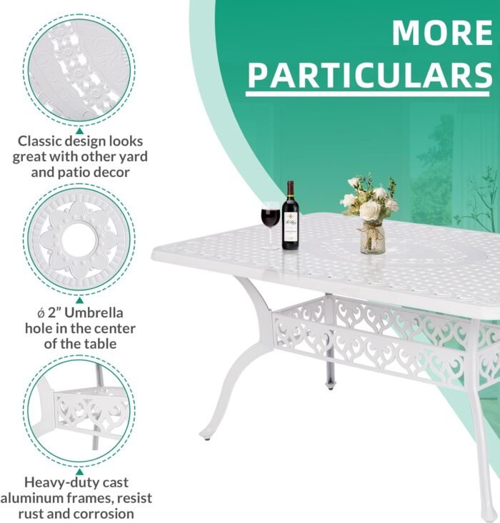 VIVIJASON 7-Piece Patio Furniture Dining Set, All-Weather Cast Aluminum Outdoor Conversation Set, Include 6 Chairs and a Rectangle Table with Umbrella Hole for Balcony Lawn Garden Backyard, White - Image 2