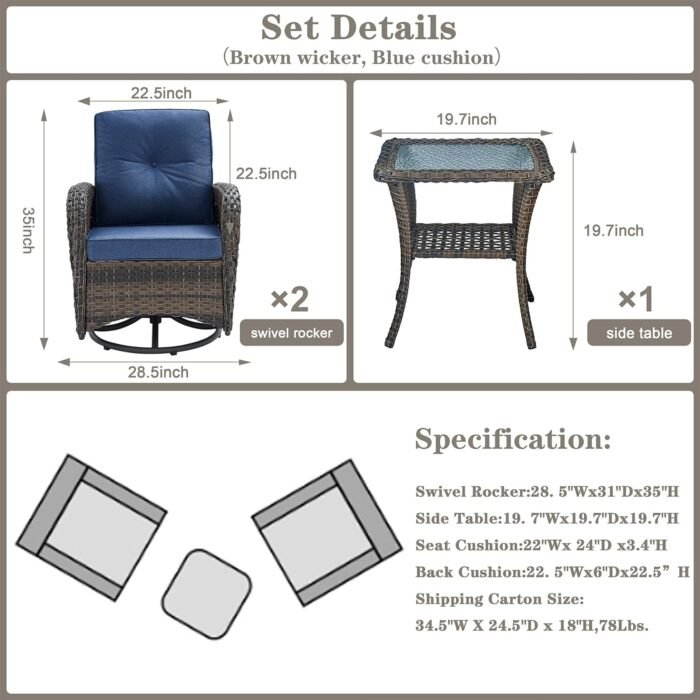 Patio Wicker Chairs Swivel Rocker - Outdoor Swivel Rocking Chairs Set of 2 with Rattan Side Table, Patio Swivel Glider Chair 3 Piece Patio Furniture Sets for Deck Porch Pool Brown/Blue - Image 7
