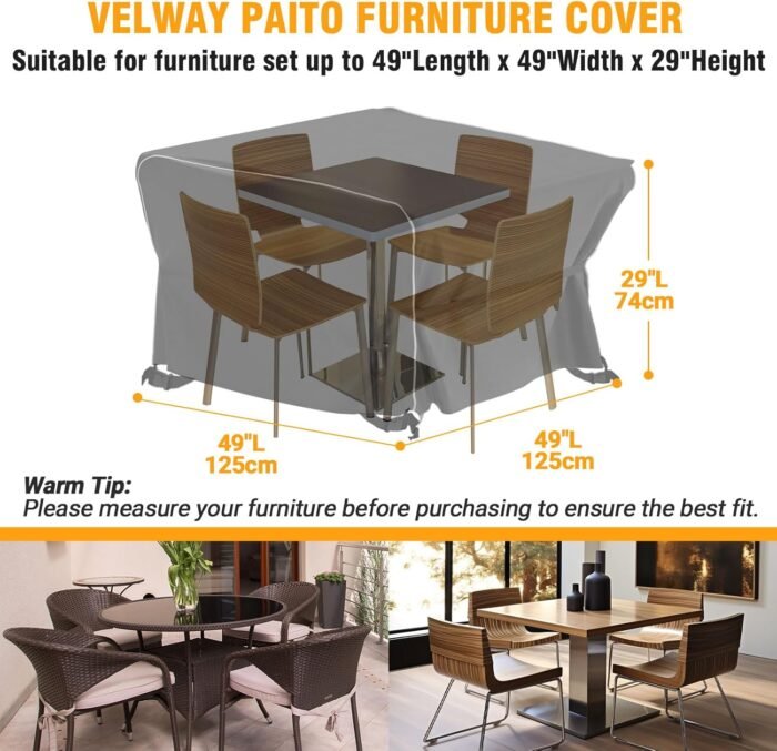 Velway Patio Furniture Set Cover - Heavy Duty 420D Waterproof Weatherproof Outdoor Dining Table and Chairs Furniture Set Cover with Reflective Tape Square 49"L x 49"W x 29"H - Black - Image 2