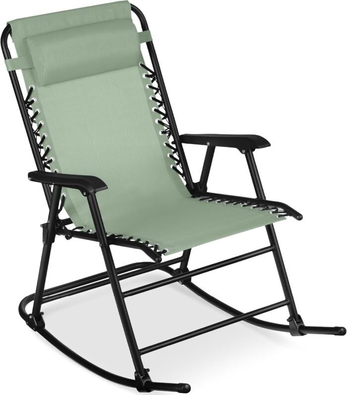 Best Choice Products Outdoor Folding Rocking Chair, Zero Gravity Lounge Chair, Patio Rocker w/Headrest Pillow - Sage Green