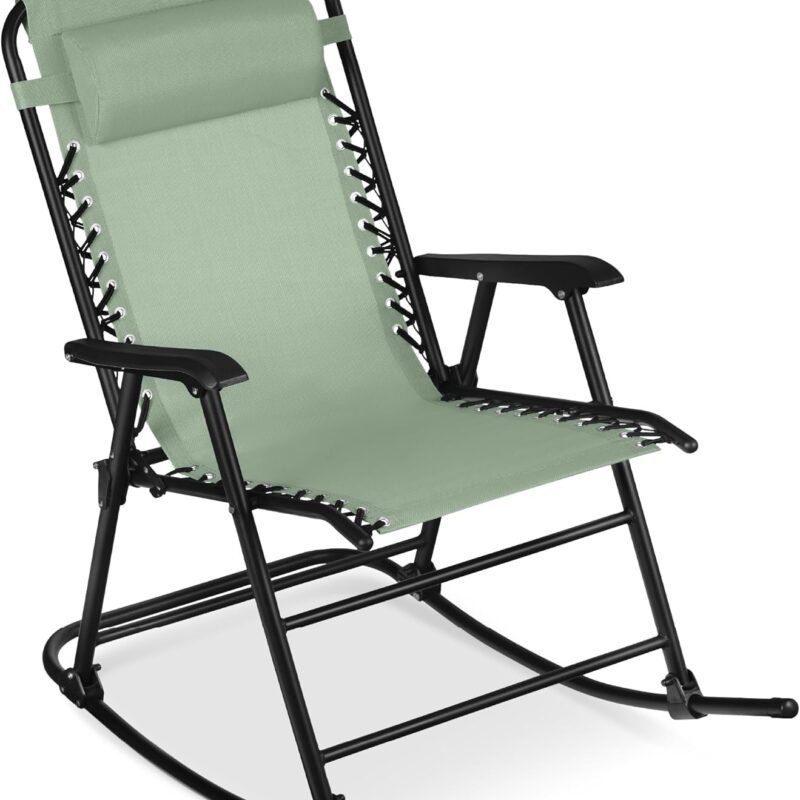 Best Choice Products Outdoor Folding Rocking Chair, Zero Gravity Lounge Chair, Patio Rocker w/Headrest Pillow - Sage Green