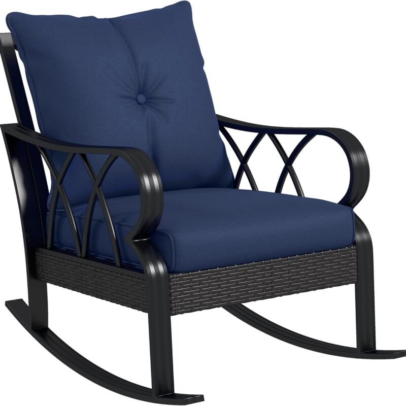 Outsunny Outdoor Wicker Rocking Chair with Padded Cushions, Aluminum Furniture Rattan Porch Rocker Chair w/Armrest for Garden, Patio, and Backyard, Navy Blue