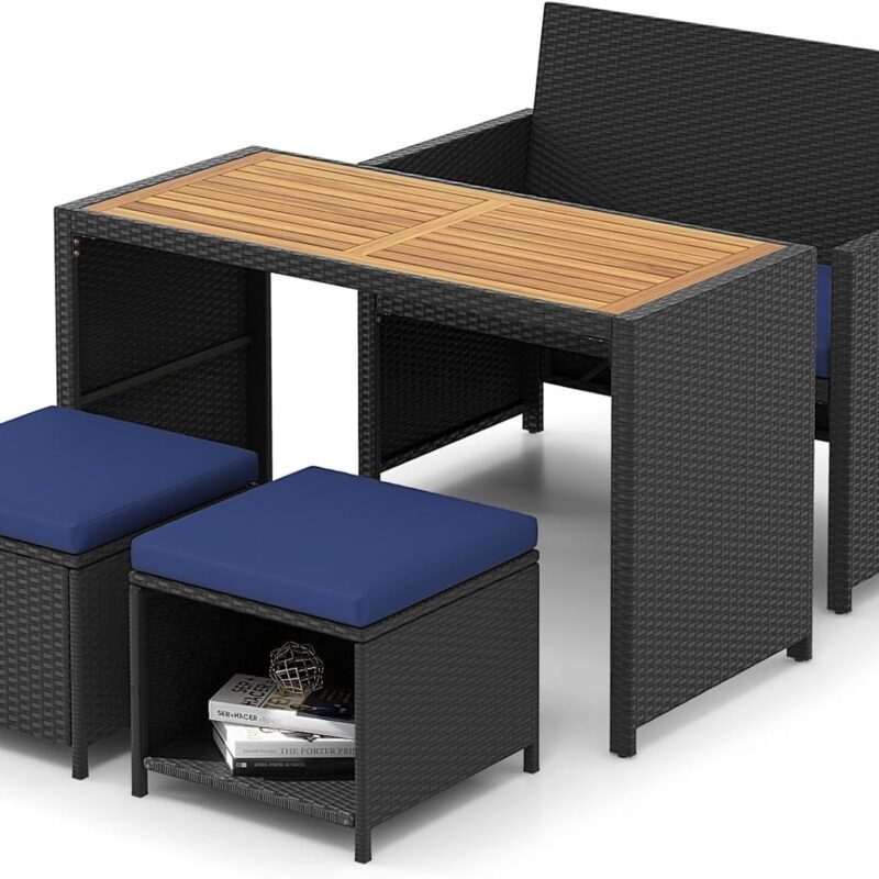 HAPPYGRILL 4 Pieces Outdoor Rattan Wicker Dining Set, Loveseat Chair & 2 Ottomans w/Wood Topped Dining Table, Space-Saving Patio Furniture Set w/Cushioned Seating for Backyard, Poolside, Garden