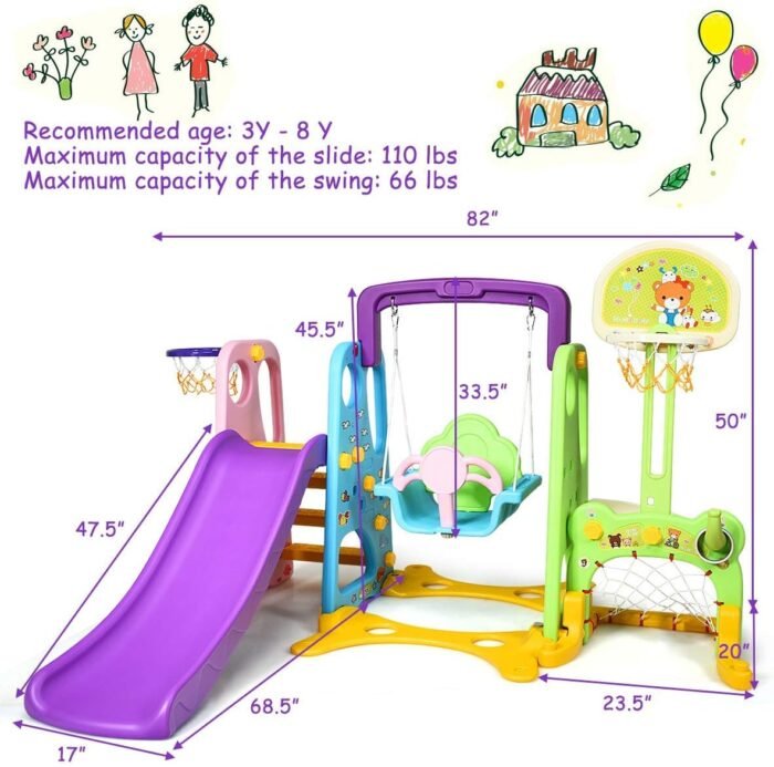 Costzon 6 in 1 Toddler Slide and Swing Set, Kids Large Climber Slide Playset with Basketball Hoop and Football Gate, Playground Swing Set for Indoor Outdoor Backyard 3-10 Gifts Presents - Image 7