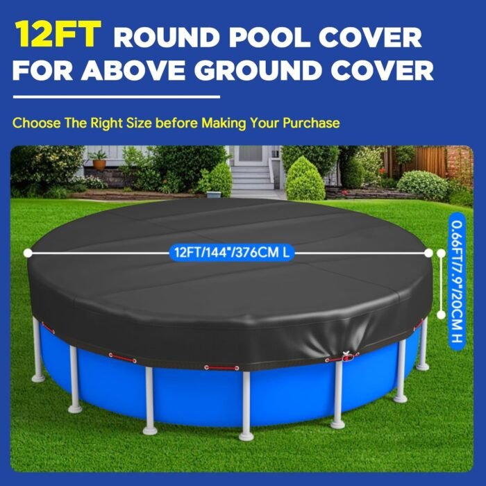 12Ft Round Pool Cover, Upgraded 420D Heavy Duty Oxford Fabric Pool Covers for Above Ground Pool with Winch and Cable, All Season Inflatable Pool Cover for UV Resistant, Waterproof and Dustproof - Image 2