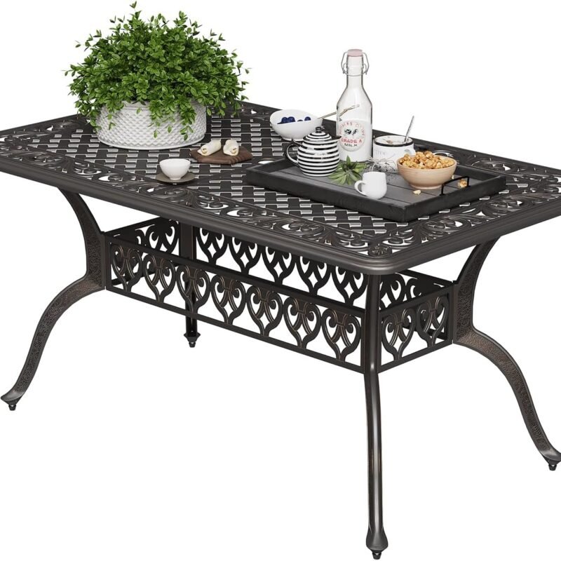 Cast Aluminum Outdoor Dining Table, 59'' Patio Dining Table with 2" Umbrella Hole and Adjustable Foot Pads for Garden, Backyard, Deck, Dark Bronze