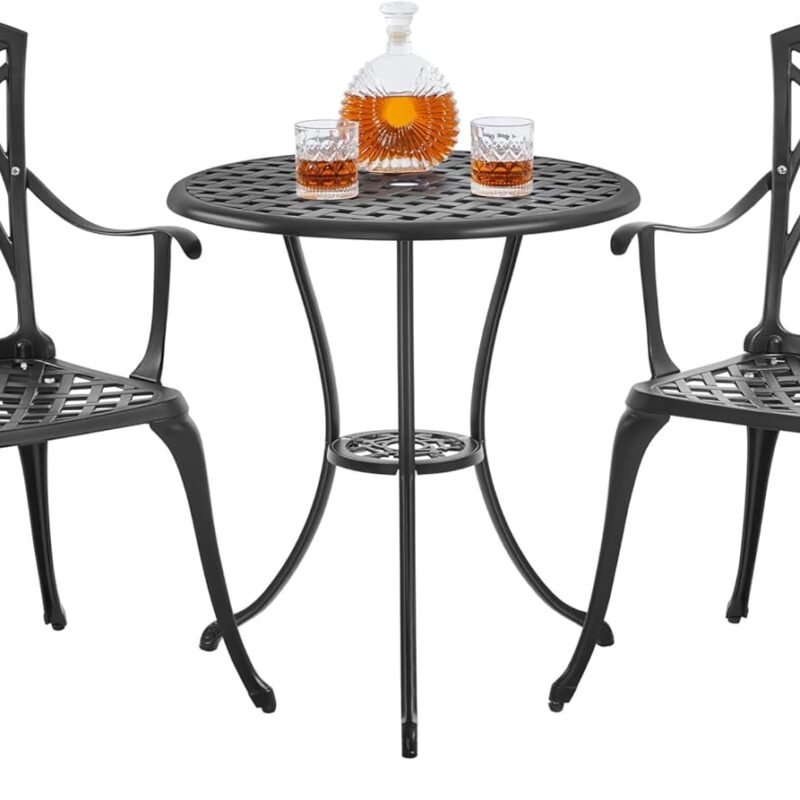 Yaheetech Patio Bistro Set 3-Piece Outdoor Cast Aluminum Table and Chairs Set, All Weather Patio Furniture with Umbrella Hole for Garden/Backyard/Porch/Balcony/Lawn/Pool, Black