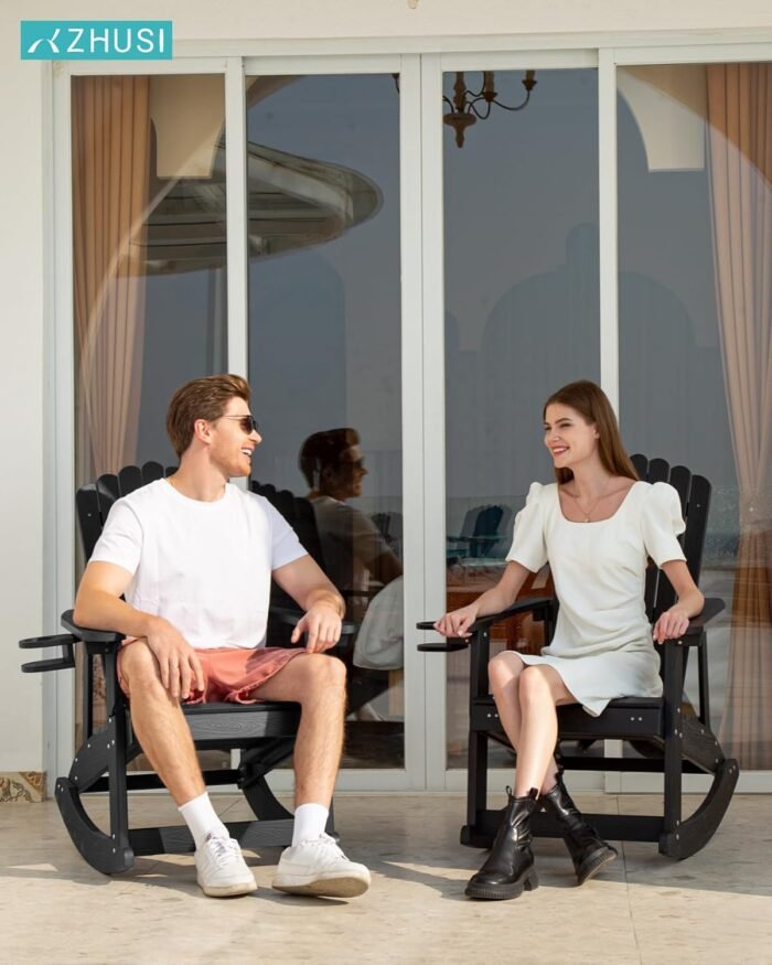 ZHUSI Adirondack Rocking Chair Outdoor with Retractable Ottoman and Cup Holder, HDPE Oversized Patio Rocking Chairs with Footrest, Wood-Like Porch Rocker for Backyard, Garden (Black, 1 PC) - Image 7