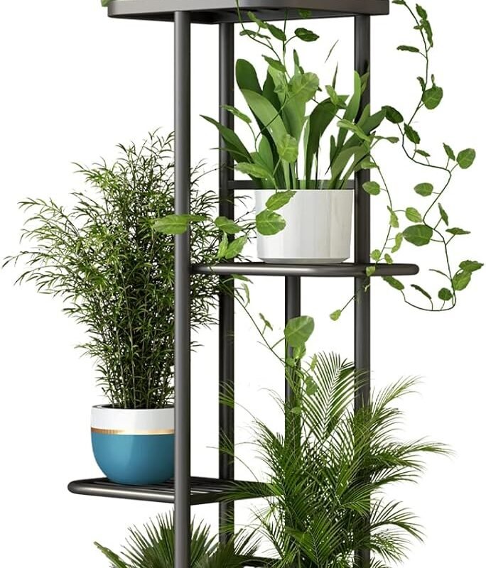 LINZINAR Plant Stand Indoor Outdoor Metal 4 Tier 5 Potted Multiple Flower Pot Holder ShelfPlanter Display Shelving Unit for Patio Garden Corner Balcony Living Room