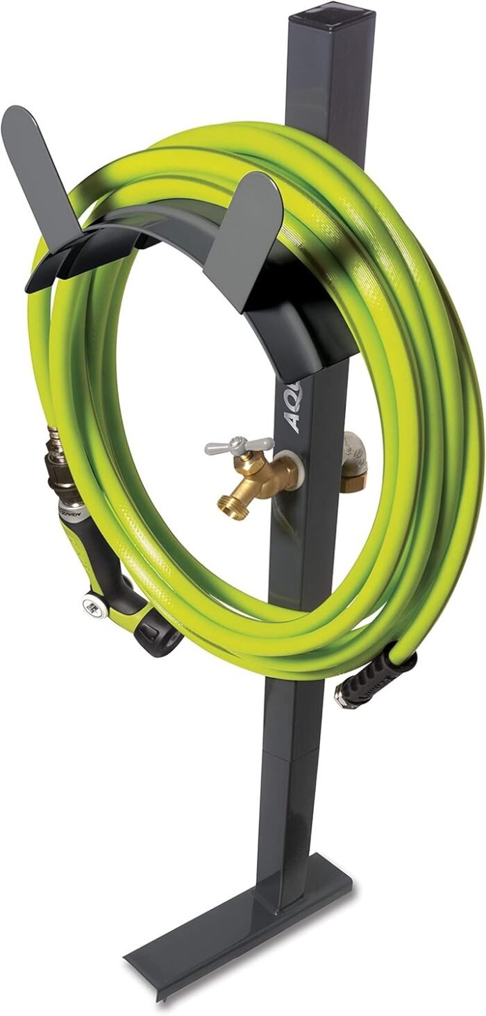 Aqua Joe SJ-SHSBB-GRY Steel Garden Hose Stand with Solid Brass Faucet and Quick Install Anchor Base, Gray