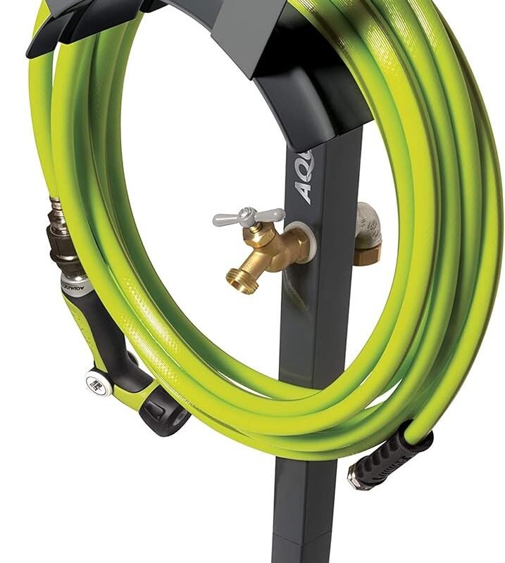 Aqua Joe SJ-SHSBB-GRY Steel Garden Hose Stand with Solid Brass Faucet and Quick Install Anchor Base, Gray