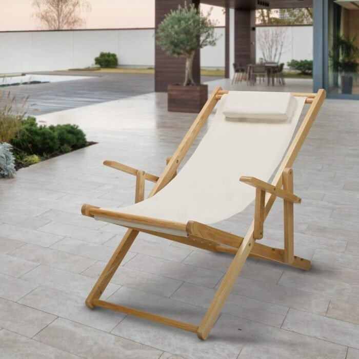 Casual Home Folding Fully-Assembled Adjustable Solid Wood Sling Patio Outdoor Chair, Natural Frame/Natural Canvs (New) - Image 2