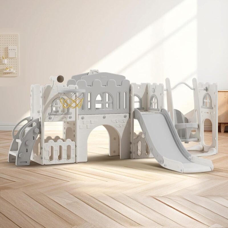 10 in 1 Toddler Slide, Age 1-3 with Swing, Basketball Hoop and Telescope, Kid Slide for Toddlers, Indoor Outdoor Slide Toddler Playset Toddler Playground (Grey)