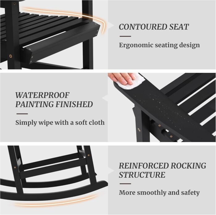 Oversized Outdoor Rocking Chairs Set of 2, All Weather Resistant Wooden Rocker with High Back and Wide Seat, Heavy Duty 350 lbs Patio Chair for Backyard, Porch, Garden, Black - Image 3