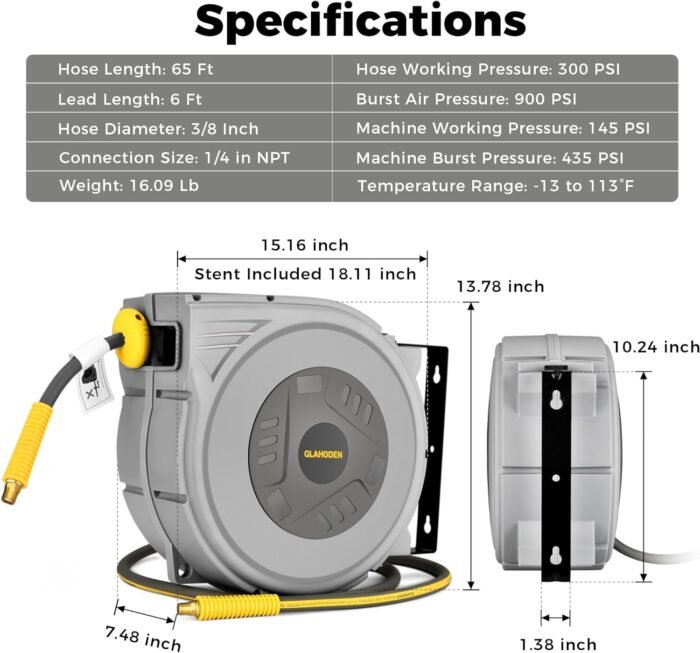 Enclosed Retractable Air Hose Reel, 3/8 in x 65 Ft Hybrid Hose Air Compressor Hose Reel with 6 Ft Lead in Max 300 PSI Patented Design for Any Length Lock 180°Swivel Bracket Quick Coupler - Image 8