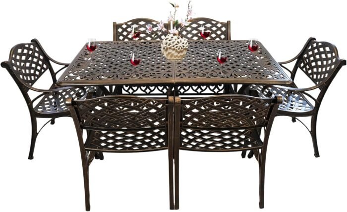 7 Piece Patio Dinning Set, Outdoor Cast Aluminum Dinning Set, All Weather Outdoor Dining Set for Garden, Include 6 Chairs and 1 Round Patio Table with Umbrella Hole - Image 8