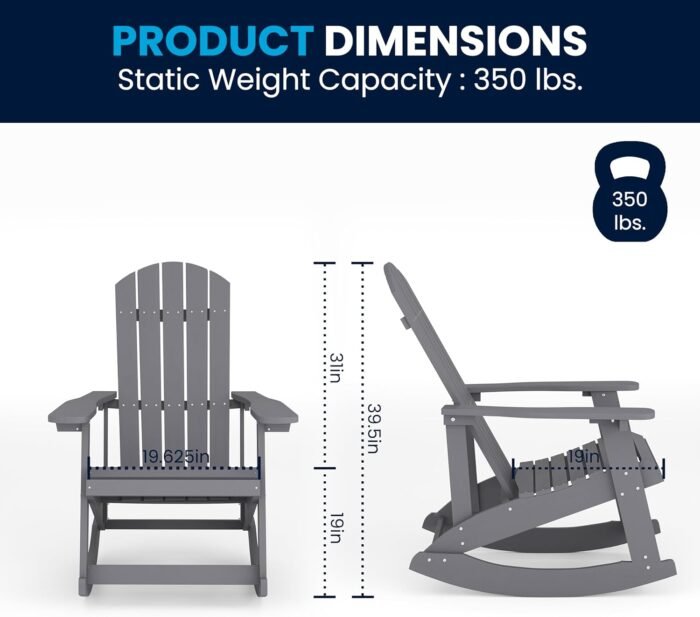 Flash Furniture Savannah Poly Resin Wood Adirondack Rocking Chair - All Weather Gray Polystyrene - Stainless Steel Hardware - Image 3