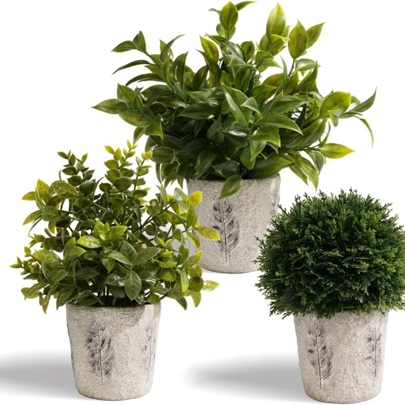 3 Pack Artificial Plants in Cement Planter (11.42/10.83/9.21 Inch) - Fake Plants Indoor Outdoor, Small Realistic Greenery for Home Decor, Bathroom, Bedroom, Kitchen & Office