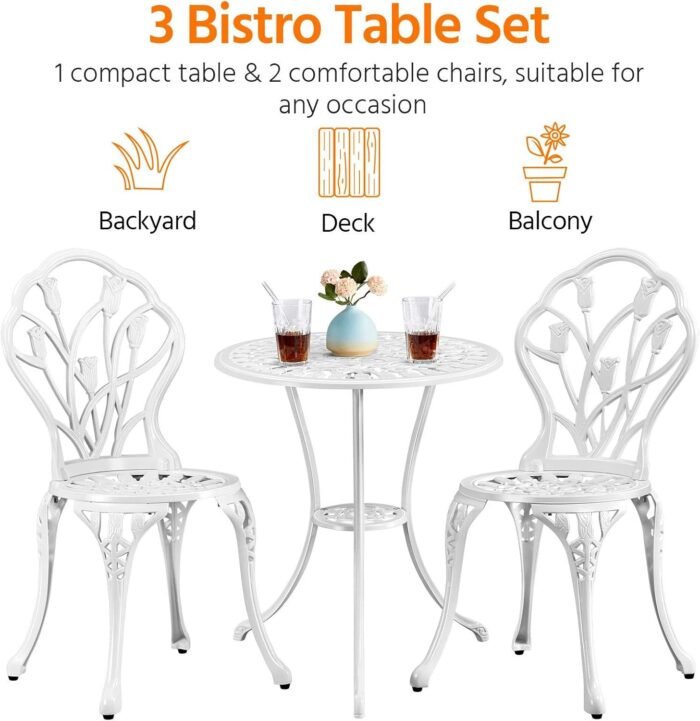 Yaheetech 3-Piece Outdoor Bistro Set w/Floral Design, Rust-Resistant Cast Aluminum Table and Chairs w/Umbrella Hole for Balcony, Backyard, Garden, White - Image 8
