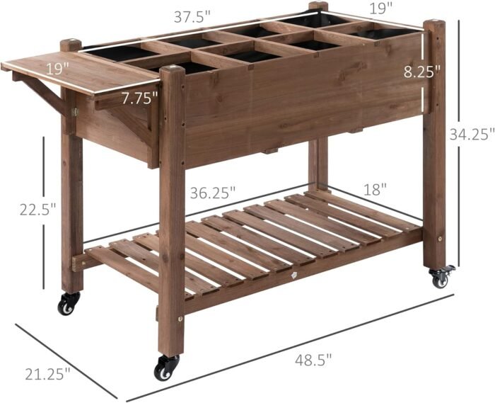 Outsunny Raised Garden Bed with 8 Grow Grids, Wooden Outdoor Plant Box Stand with Folding Side Table and Wheels, 49" x 21" x 34", for Vegetables, Flowers, Herbs, Brown - Image 5