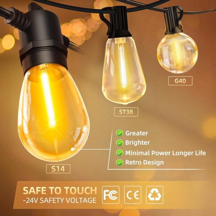 LED Outdoor String Lights Patio - 50FT Dimmable Hanging Light with Remote, Waterproof Shatterproof Edison Bulbs, 3 Modes 2 Timer Outside Lighting Connectable for Graden Porch Backyard Balcony Cafe - Image 7