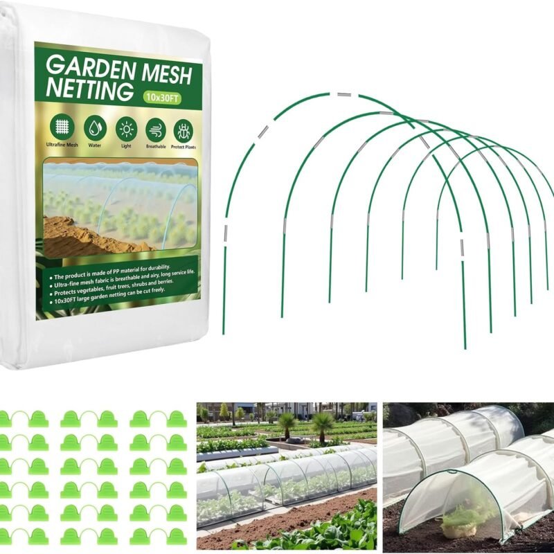 Garden Netting Kit for Raised Beds, 10x30FT Ultra Fine Mesh Netting＆ 6 Sets of 8FT Fiberglass Garden Hoops, Bird Barrier Protection Net Vegetable Plant Cover Fruit Flowers Row Cover