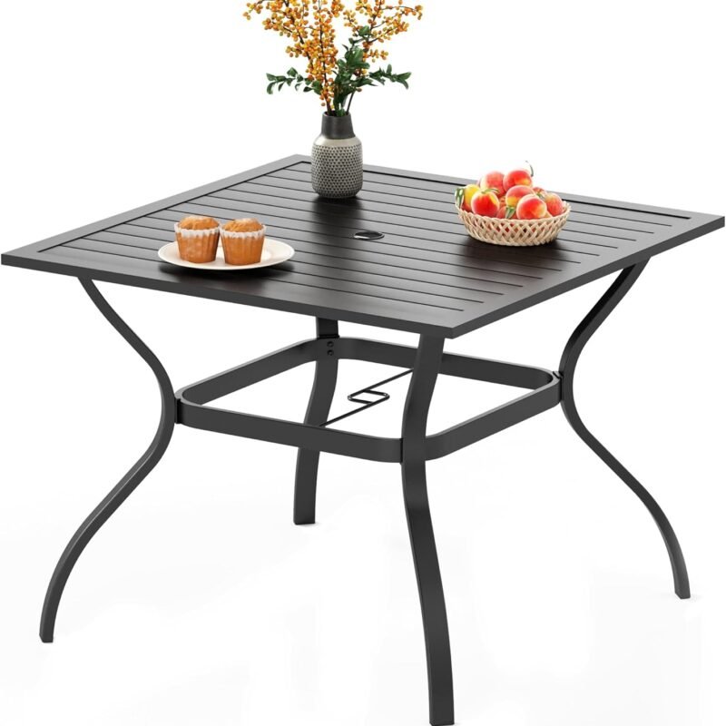 PHI VILLA 37 Inch Outdoor Dining Table Metal Steel Slat Square Patio Dining Table with 1.57" Umbrella Hole for Garden, Backyard and Porch (Classic Black)