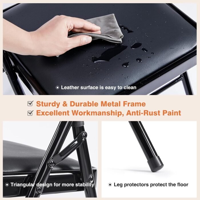 Sweetcrispy Folding Chair 4 Pack, Leather Padded Folding Chairs, Sturdy Metal Foldable Chairs, Easy to Use and Store, Outdoor and Indoor, for Home, Office, Party, Comfy, Black - Image 5