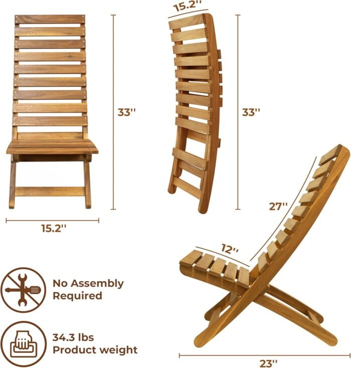Melino Acacia Wooden Folding Adirondack Chair Set of 2 - Portable Fully Assembled FSC Certified Solid Wood Outdoor Furniture Lounge Chairs for Fire Pits, Decks, Patios, Lawn, Garden, Porch, Pool Deck - Image 3