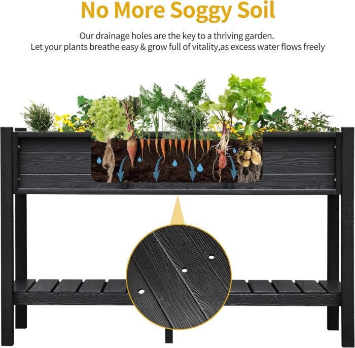 DWVO 48x18x30in Raised Garden Bed Kit, Poly Wood Planter Box Stand,Weather Resistant Planter Box with Legs & Storage Shelf, Elevated Garden Bed for Backyard, Patio, Balcony,Black - Image 3