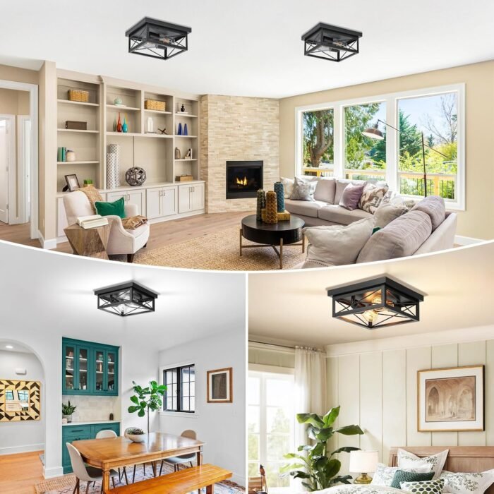 2-Light Industrial Square Flush Mount Ceiling Light, Farmhouse Ceiling Light Fixture for Kitchen, Modern Black Close to Ceiling Light for Hallway Bedroom Balcony Porch Stairway, E26, 2-Pack - Image 8