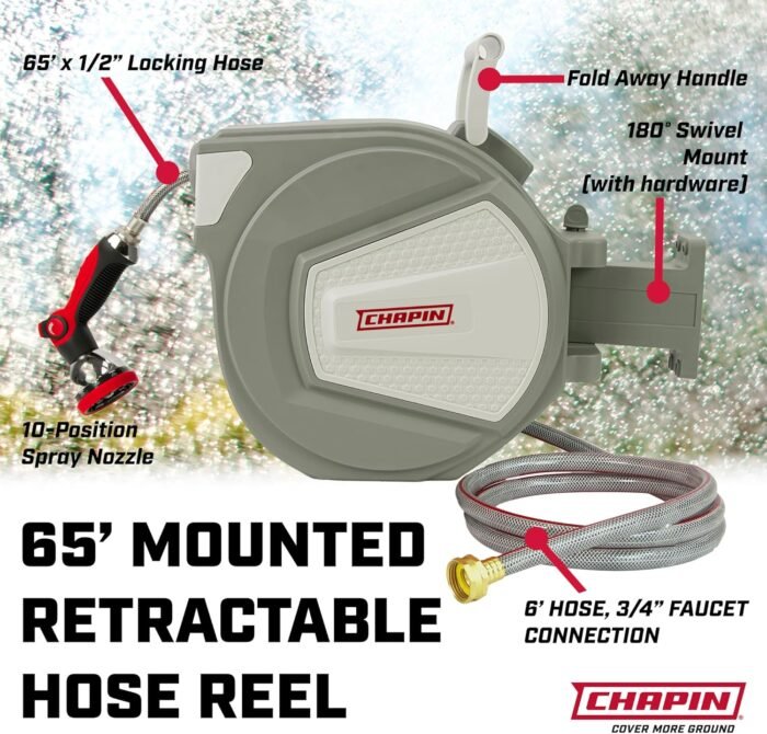 Chapin 5997: 65-feet Retractable Garden Hose Reel, Wall Mounted Heavy-Duty Case and 180° Swivel Frame Mount, Automatic Retract and Locking Hose, with 10 Position Metal Garden Hose Spray Nozzle - Image 2